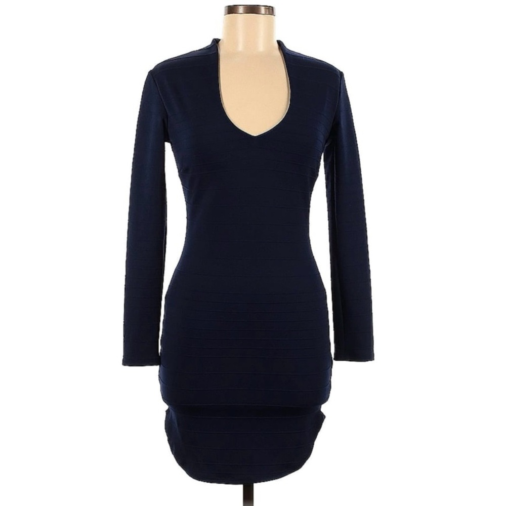 Navy Plunging V Curve Hem Ribbed Long Sleeve Bandage Mini Dress Sz Medium